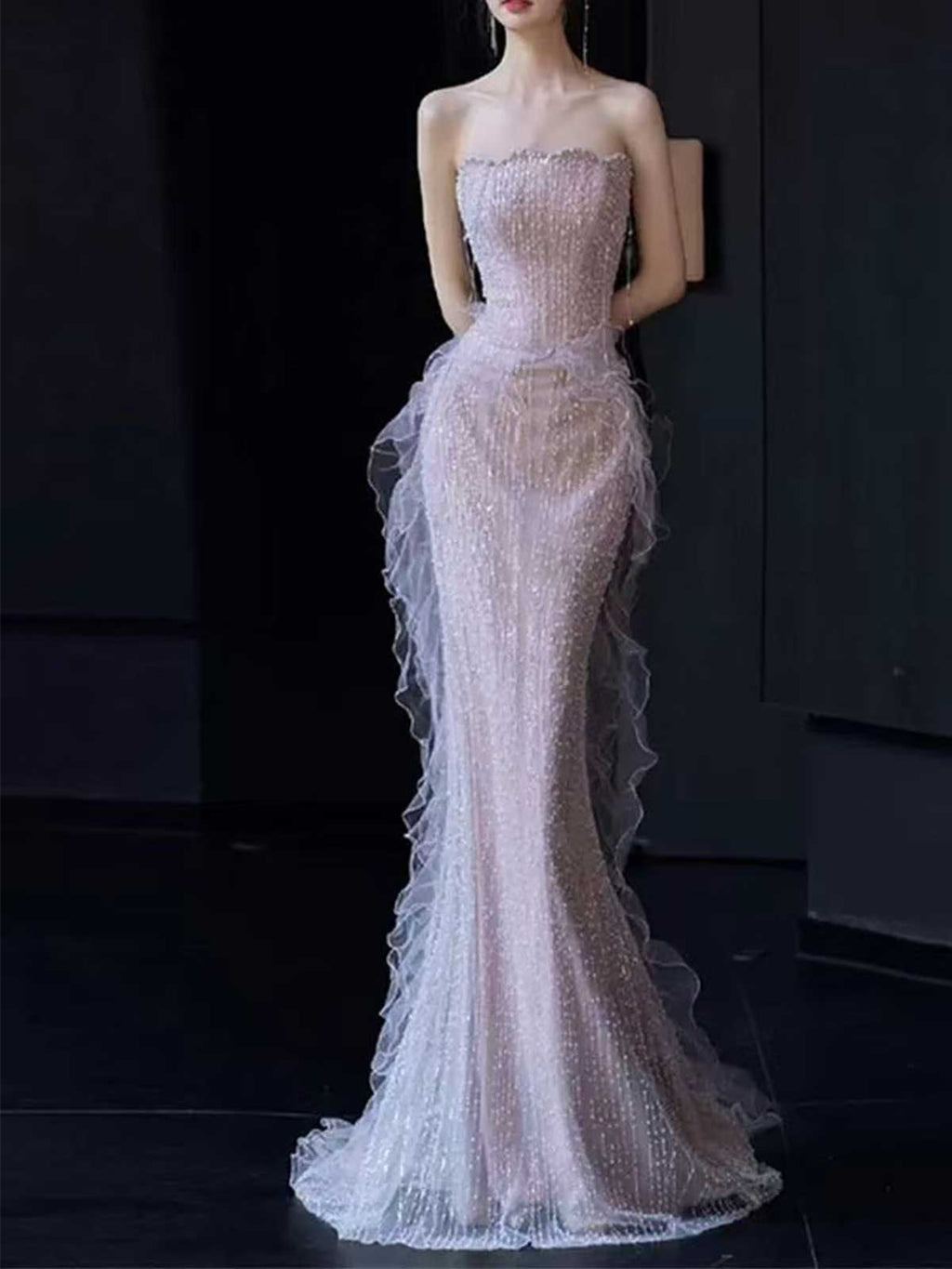 Blush Pink Strapless Beaded Mermaid Evening Gown with Tulle Ruffle Train