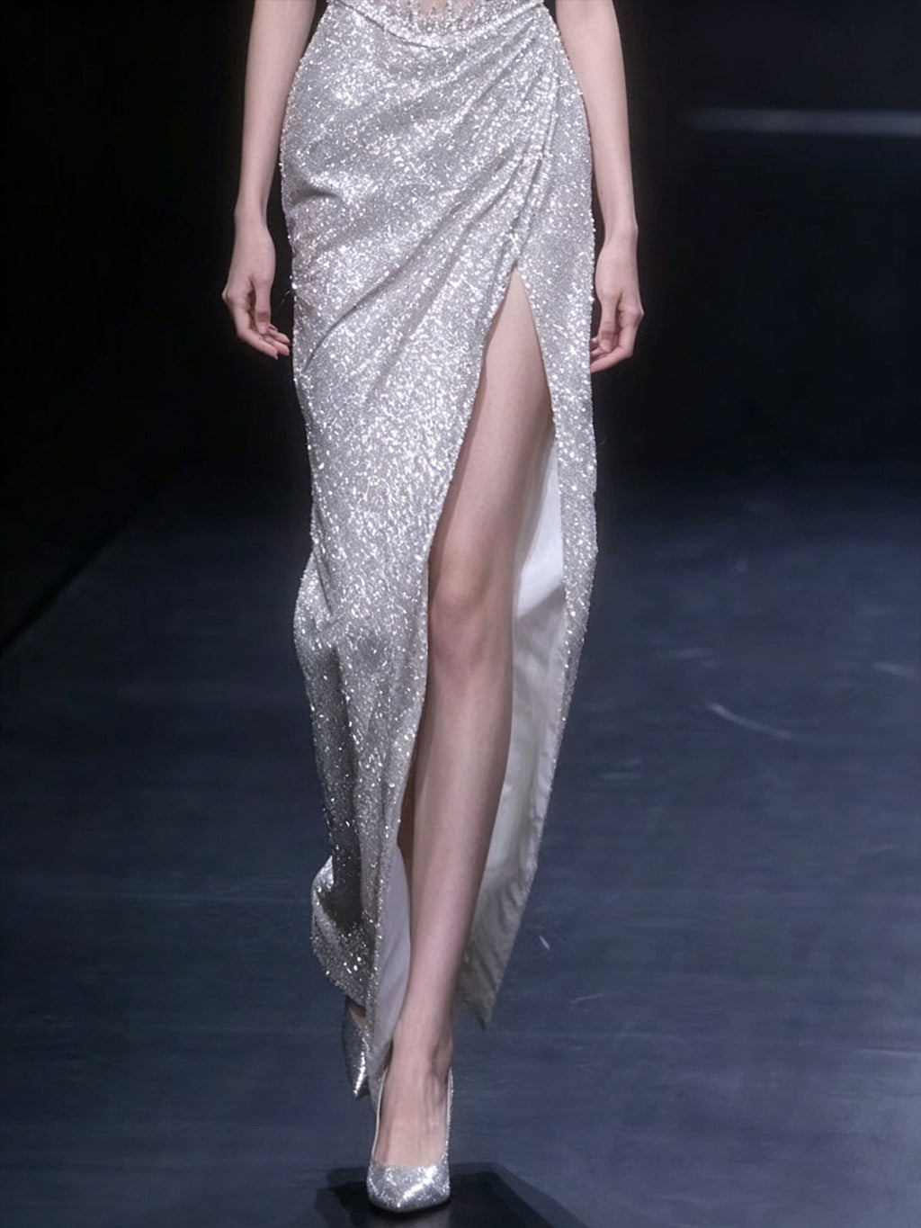 Scoop Neck Sheer Corset High Slit Sequin Mermaid Evening Gown