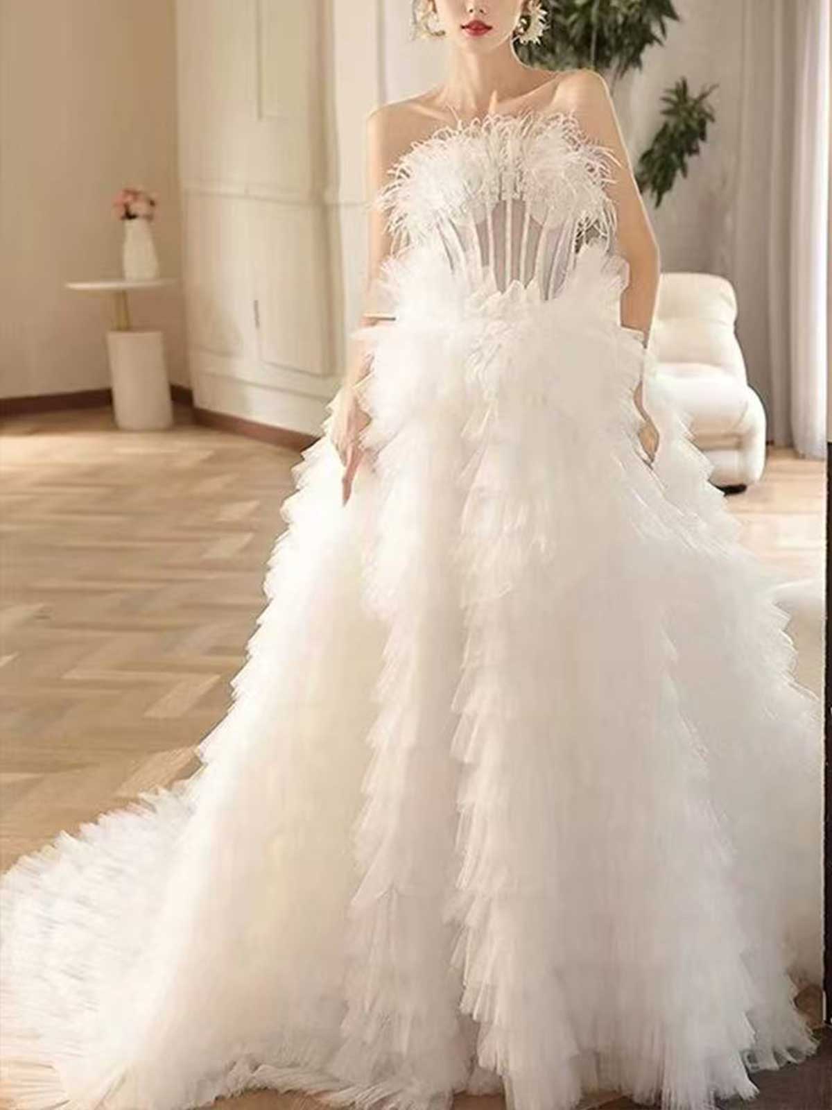White Strapless Feather Tulle Ball Gown with Corset Bodice
