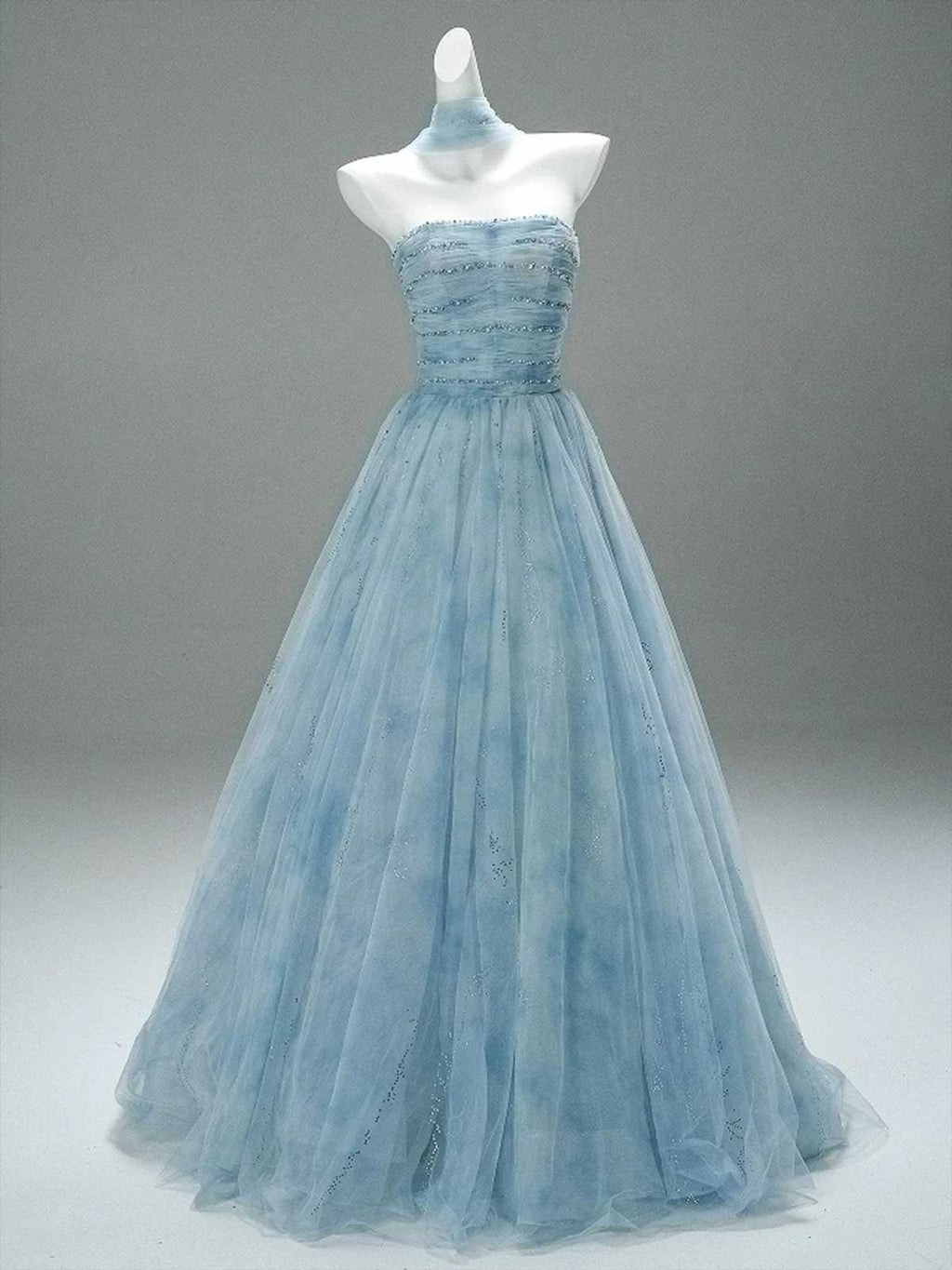 Dusty Blue Strapless Tulle Ball Gown with Beaded Bodice