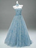 Dusty Blue Strapless Tulle Ball Gown with Beaded Bodice