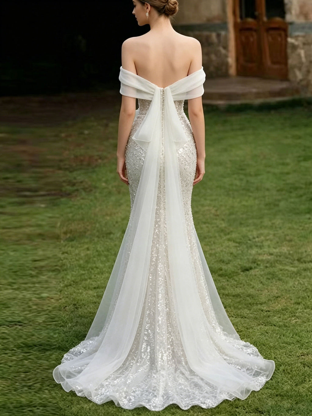 Off Shoulder Fold Tulle Sequin Mermaid Chapel Train Wedding Dress