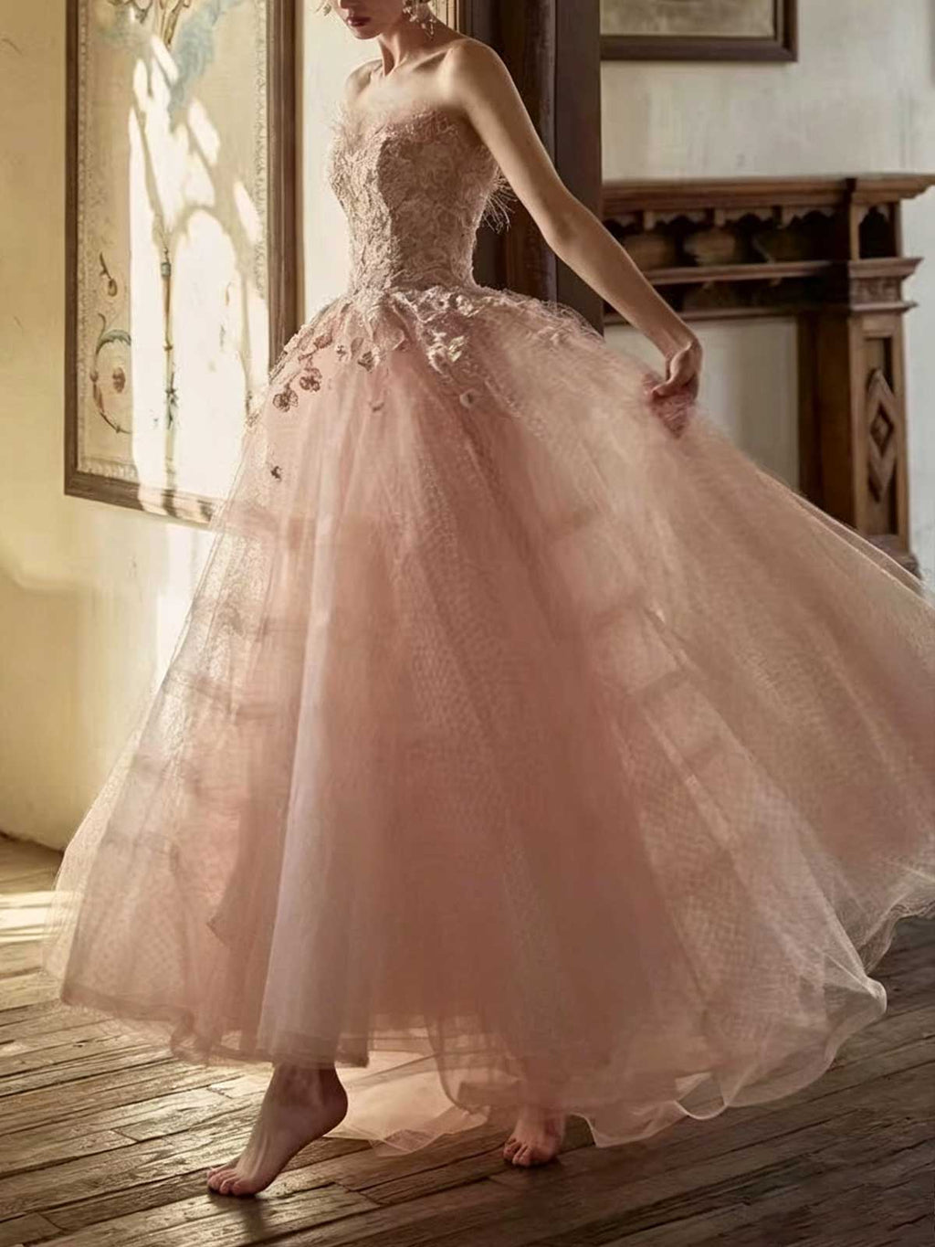 Nude Pink Strapless Lace Ball Gown with 3D Floral Appliqués