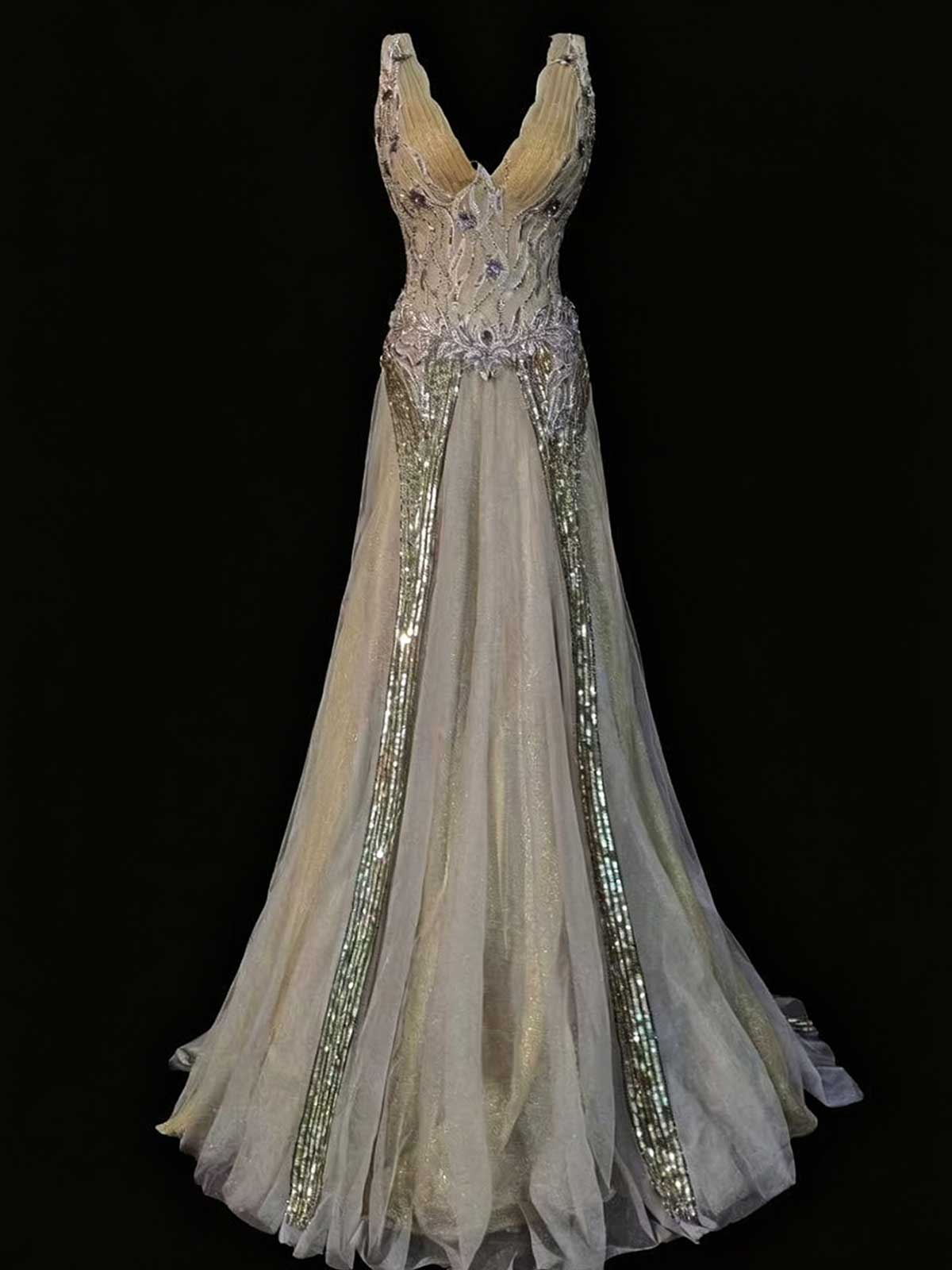 Champagne Gold Sleeveless Deep V Beaded Evening Gown with Tulle Skirt