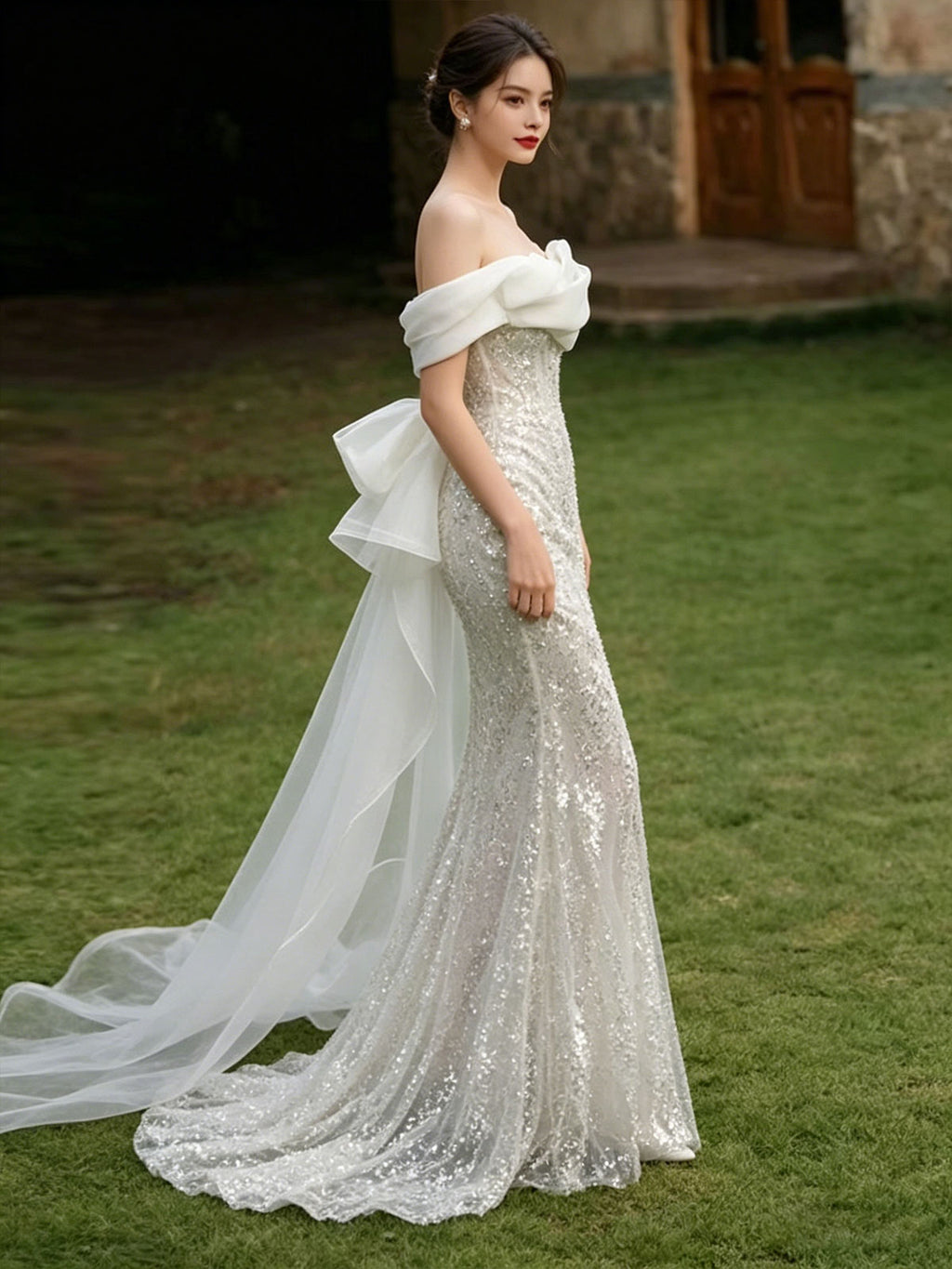Off Shoulder Fold Tulle Sequin Mermaid Chapel Train Wedding Dress