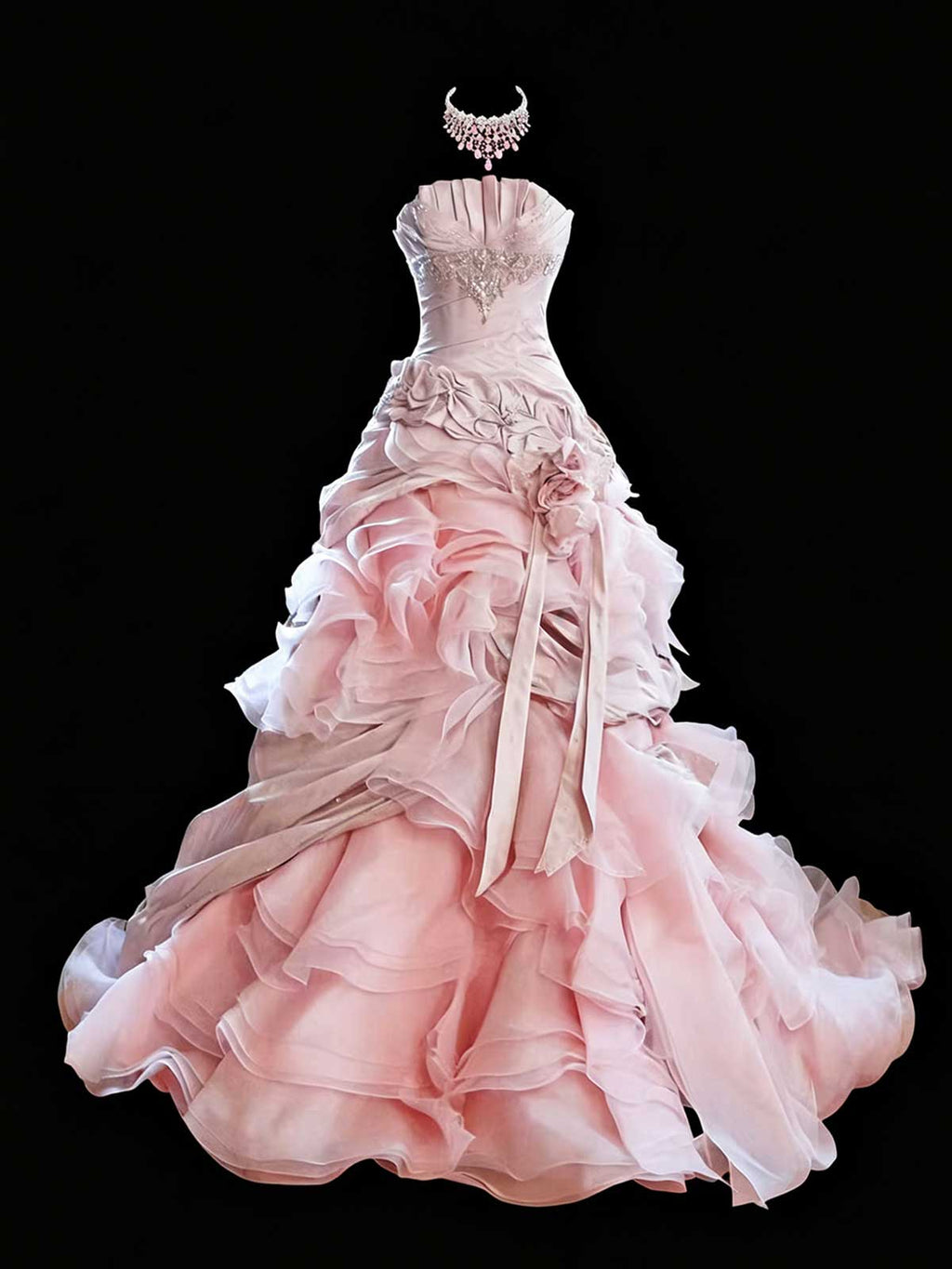 Blush Pink Strapless Satin Ball Gown with Ruffled Tulle Skirt & Floral Appliqués