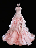 Blush Pink Strapless Satin Ball Gown with Ruffled Tulle Skirt & Floral Appliqués