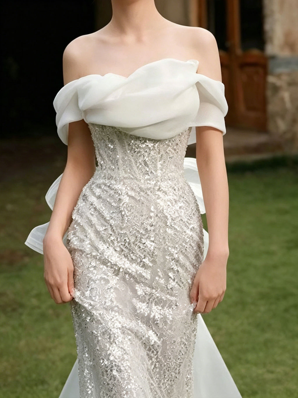 Off Shoulder Fold Tulle Sequin Mermaid Chapel Train Wedding Dress