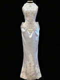 White High-Neck Lace Satin Mermaid Wedding Dress