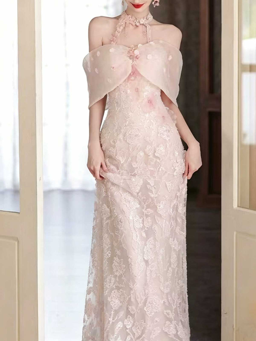 Blush Pink Off-the-Shoulder Lace Mermaid Evening Gown with Choker