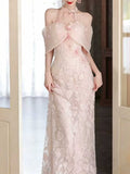 Blush Pink Off-the-Shoulder Lace Mermaid Evening Gown with Choker