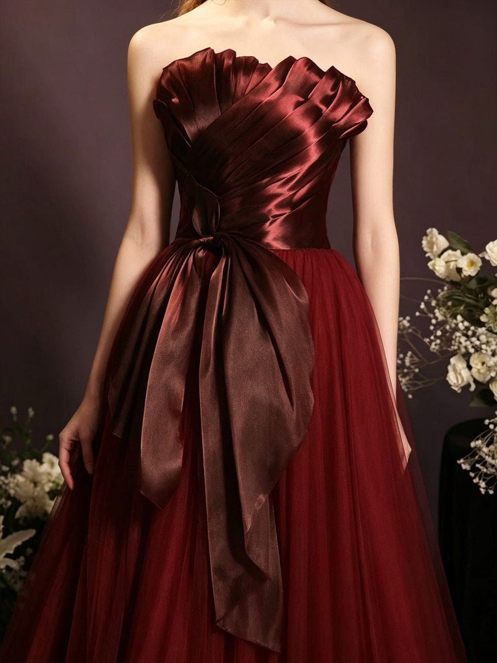 Strapless Burgundy Satin Bow Tulle A-Line Evening Ball Gown