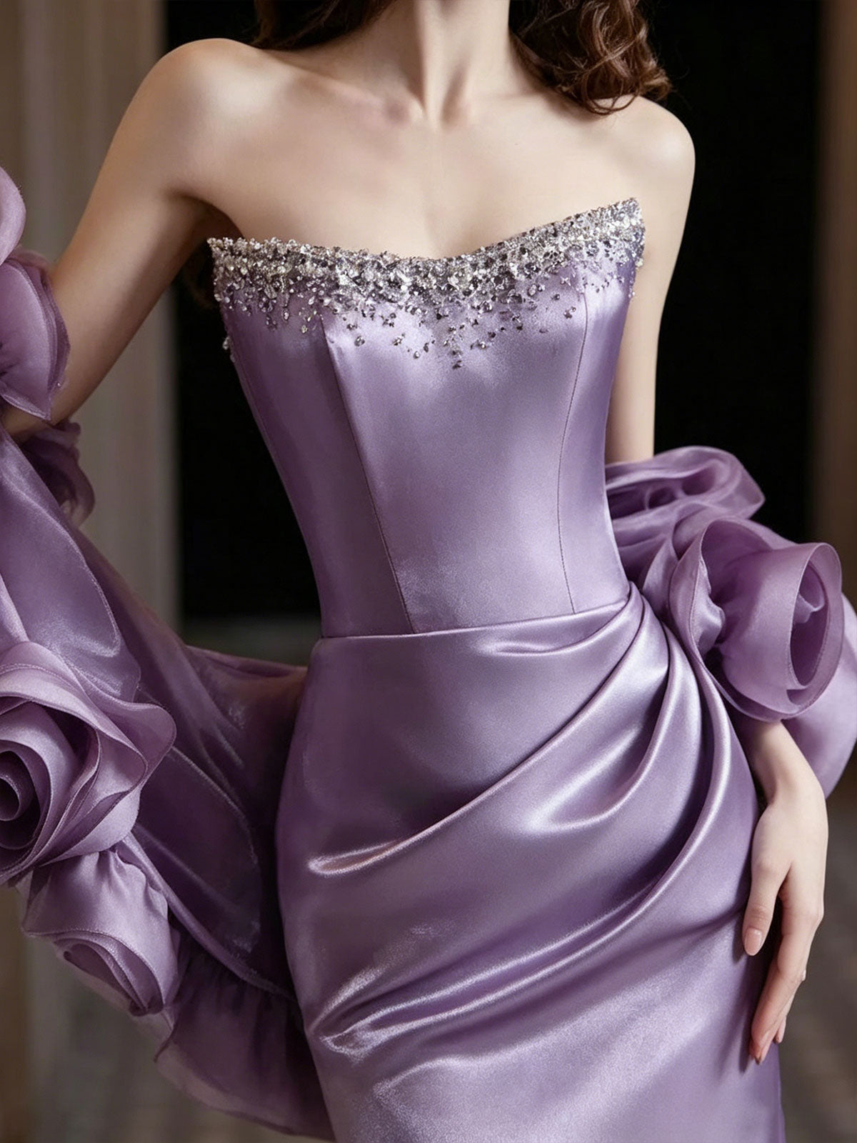 Lavender Strapless Rhinestone Trim Satin Mermaid Formal Gown with Detachable Rose Organza Wrap