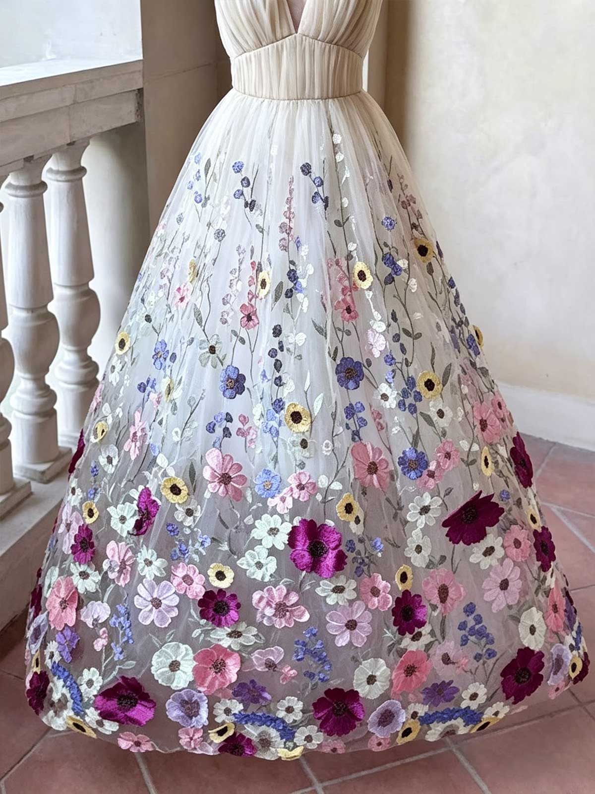 Multicolor Floral Embroidered Halter Neck A-Line Prom Gown