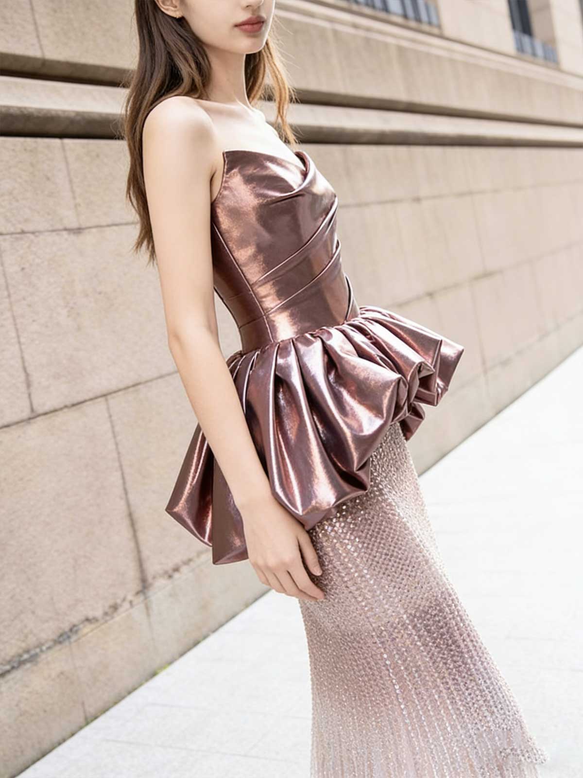 Rose Gold Satin Peplum Gradient Sequin Mermaid Evening Dress
