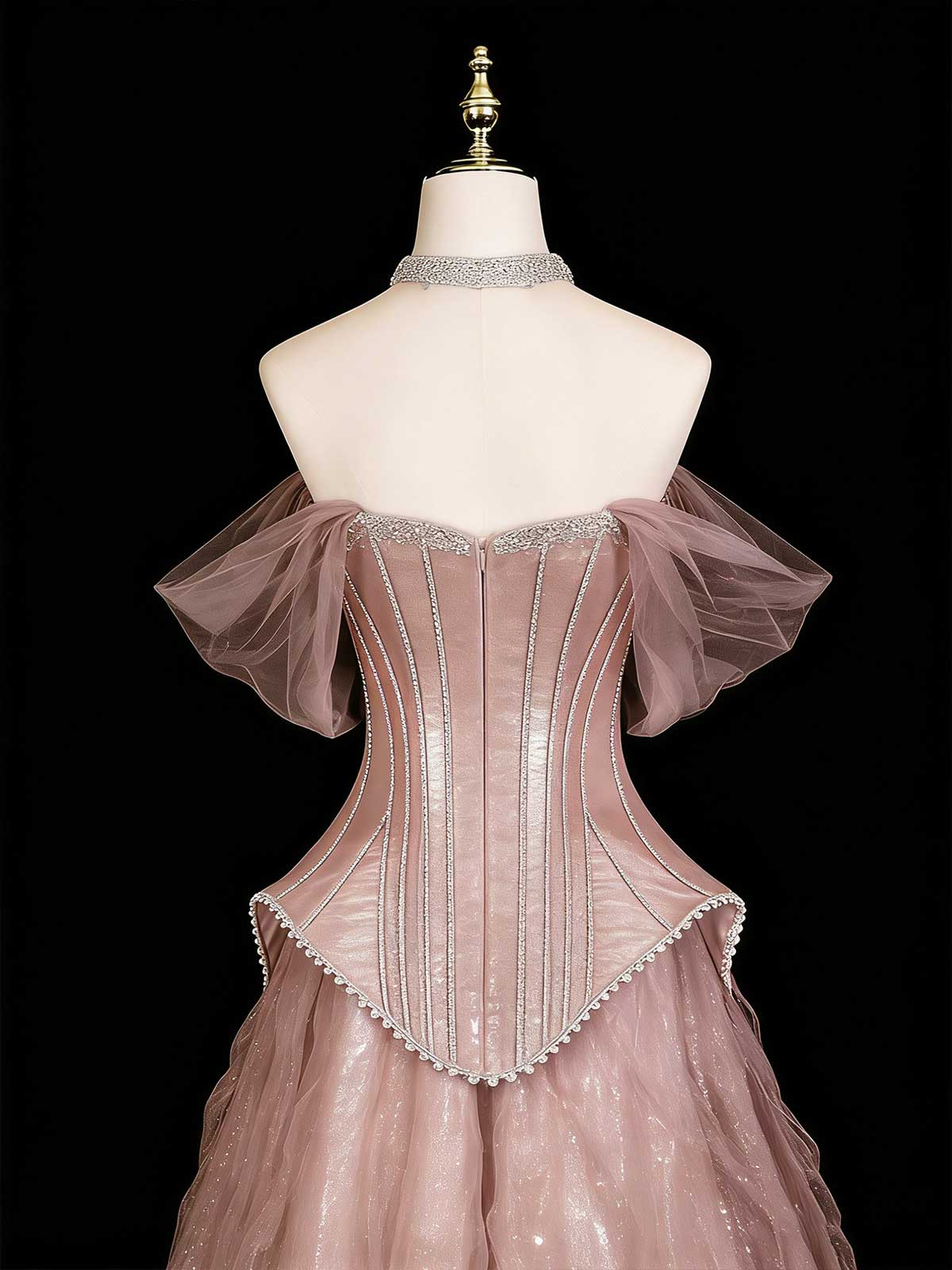 Dusty Pink Glitter Tulle Off-the-Shoulder Corset Gown