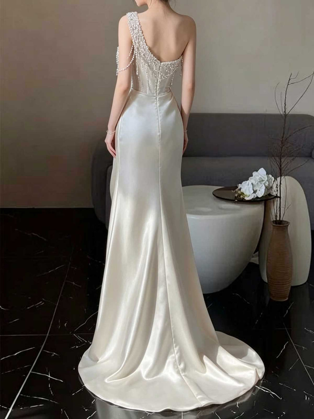 Ivory Satin One-Shoulder Beaded Fringe Mermaid Evening Gown