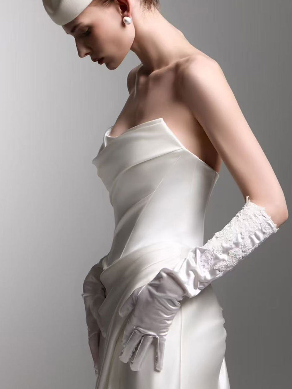 Elegant Satin Mermaid Gown with Halter Strap & Sheer Tulle Gloves