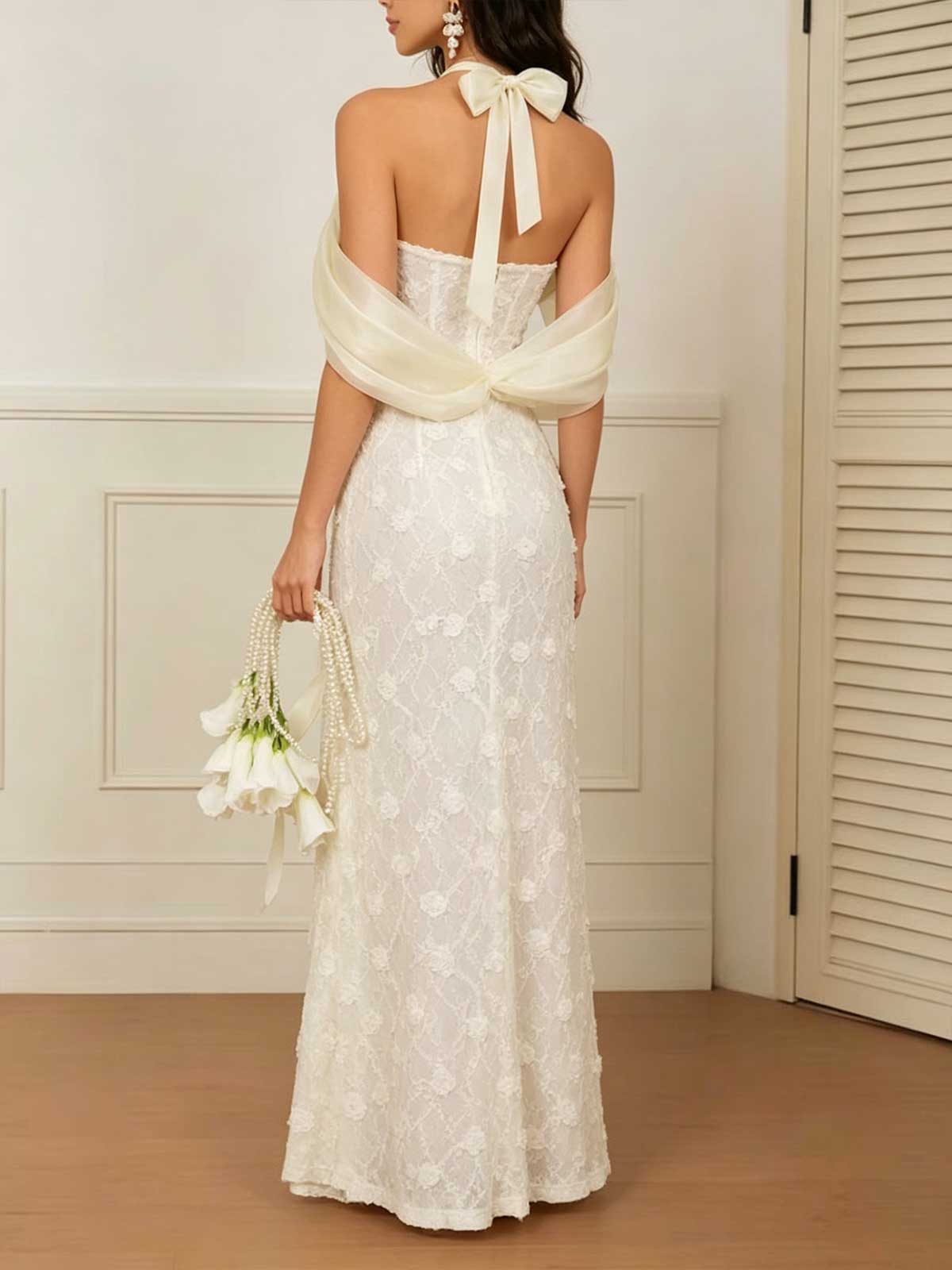 Ivory Floral Lace Halter Mermaid Formal Gown with Satin Bow Detail Wedding Dress