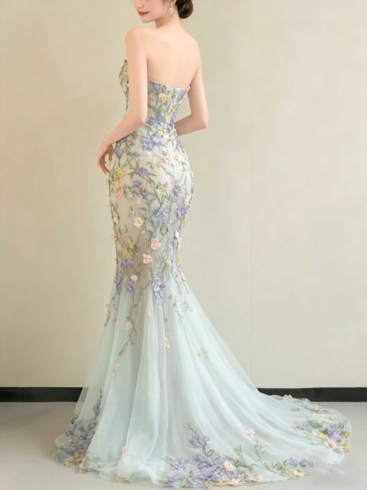 Mint Green Strapless Floral Embellished Mermaid Evening Gown