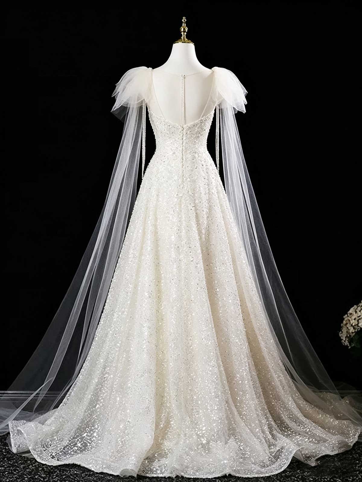 Champagne Sequin Tulle Evening Gown with Sheer Cape Sleeves