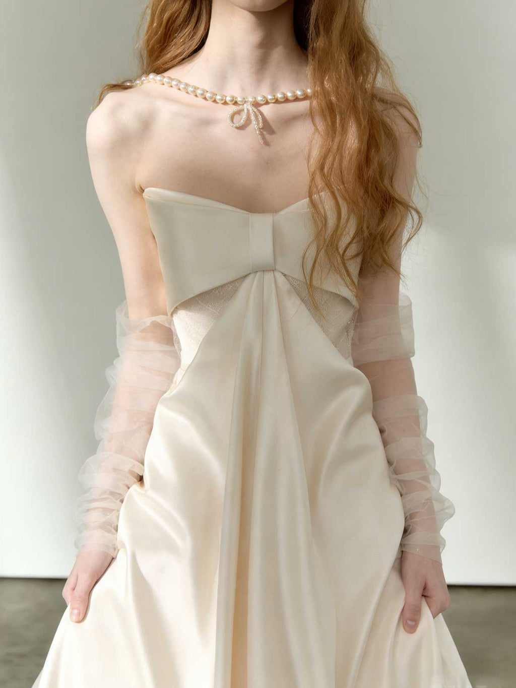 Ivory Bow Strapless Satin A-Line Wedding Dress with Tulle Sleeves