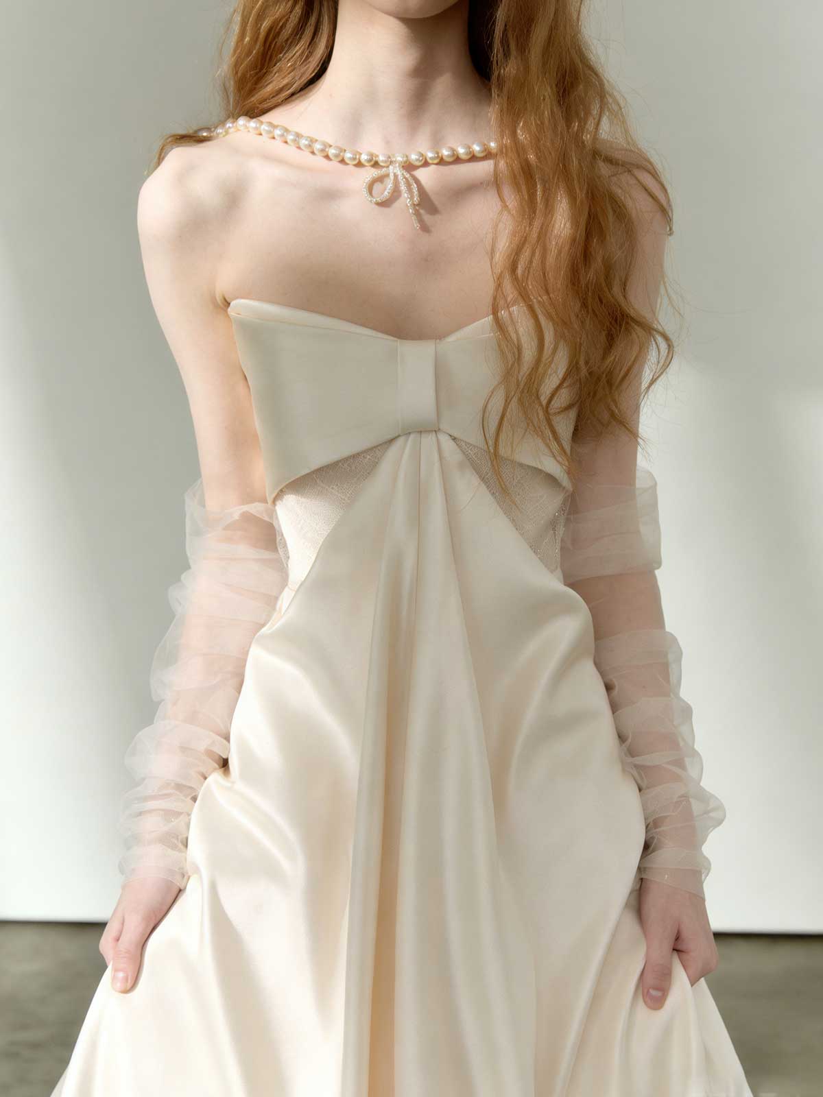 Ivory Bow Strapless Satin A-Line Wedding Dress with Tulle Sleeves