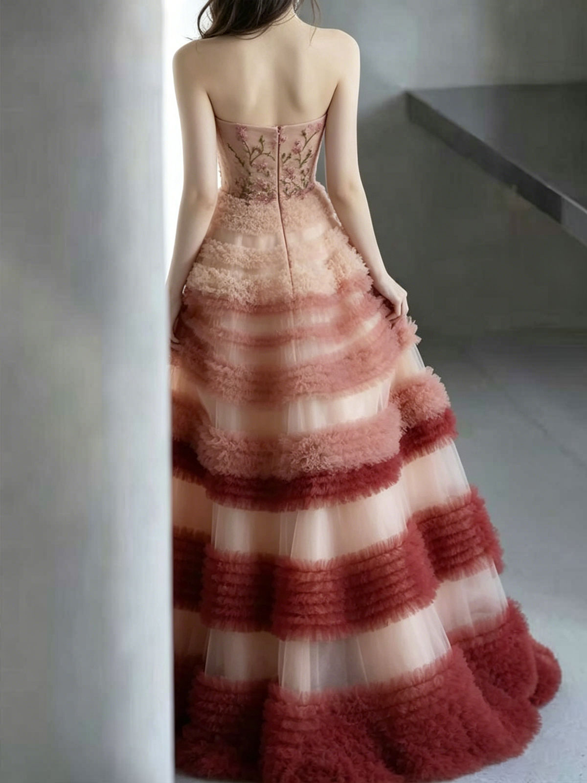 Ombre Red to Blush Strapless Tiered Tulle Ball Gown with Floral Embroidery
