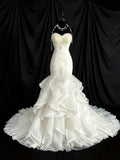 White Strapless Feather Top Mermaid Wedding Dress with Ruffled Tulle Skirt