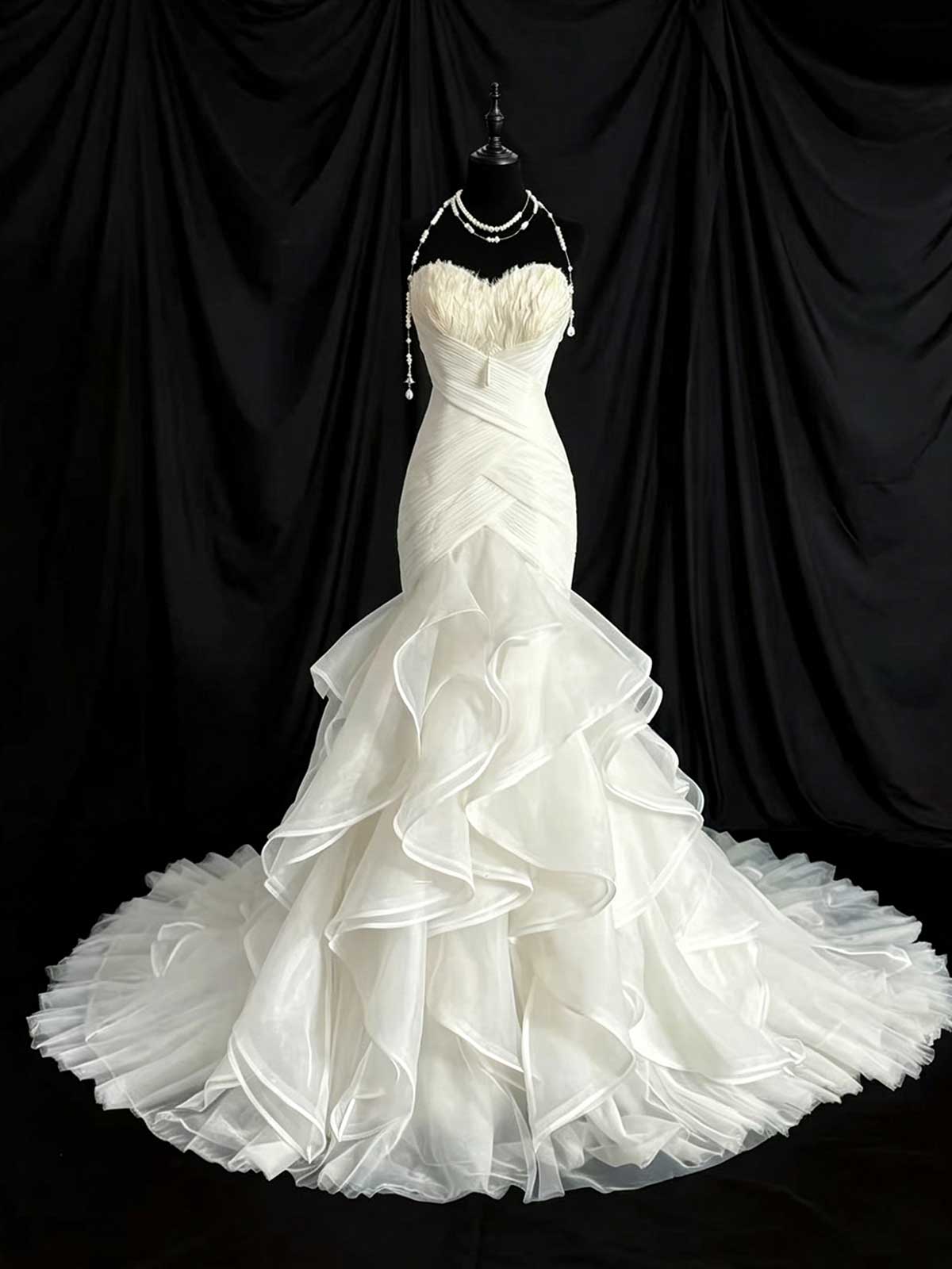 White Strapless Feather Top Mermaid Wedding Dress with Ruffled Tulle Skirt
