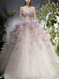 Lavender Strapless Tulle Ball Gown with 3D Floral Appliqués
