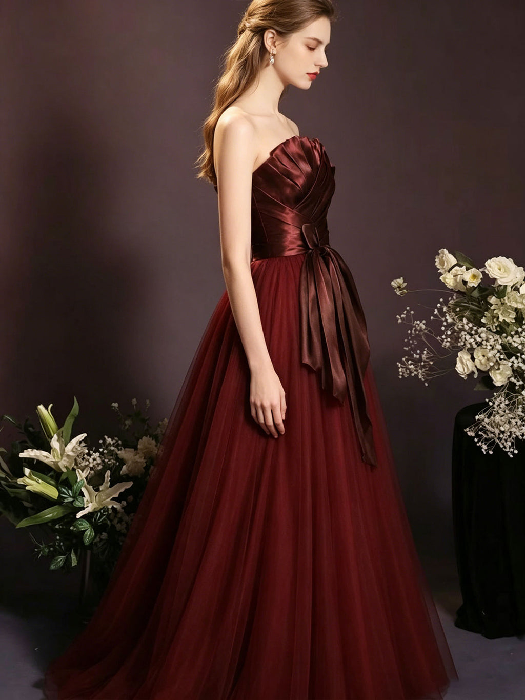 Strapless Burgundy Satin Bow Tulle A-Line Evening Ball Gown