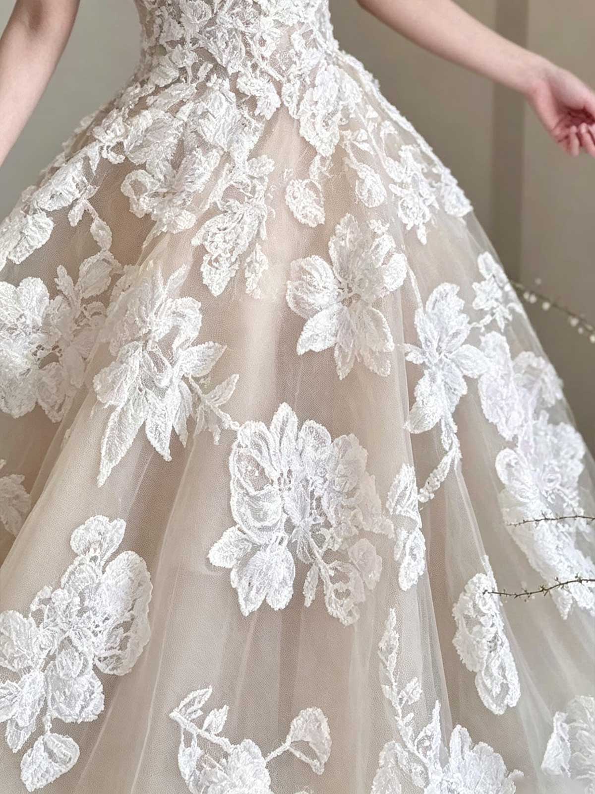 Nude Strapless Lace Ball Gown with 3D Floral Appliqués
