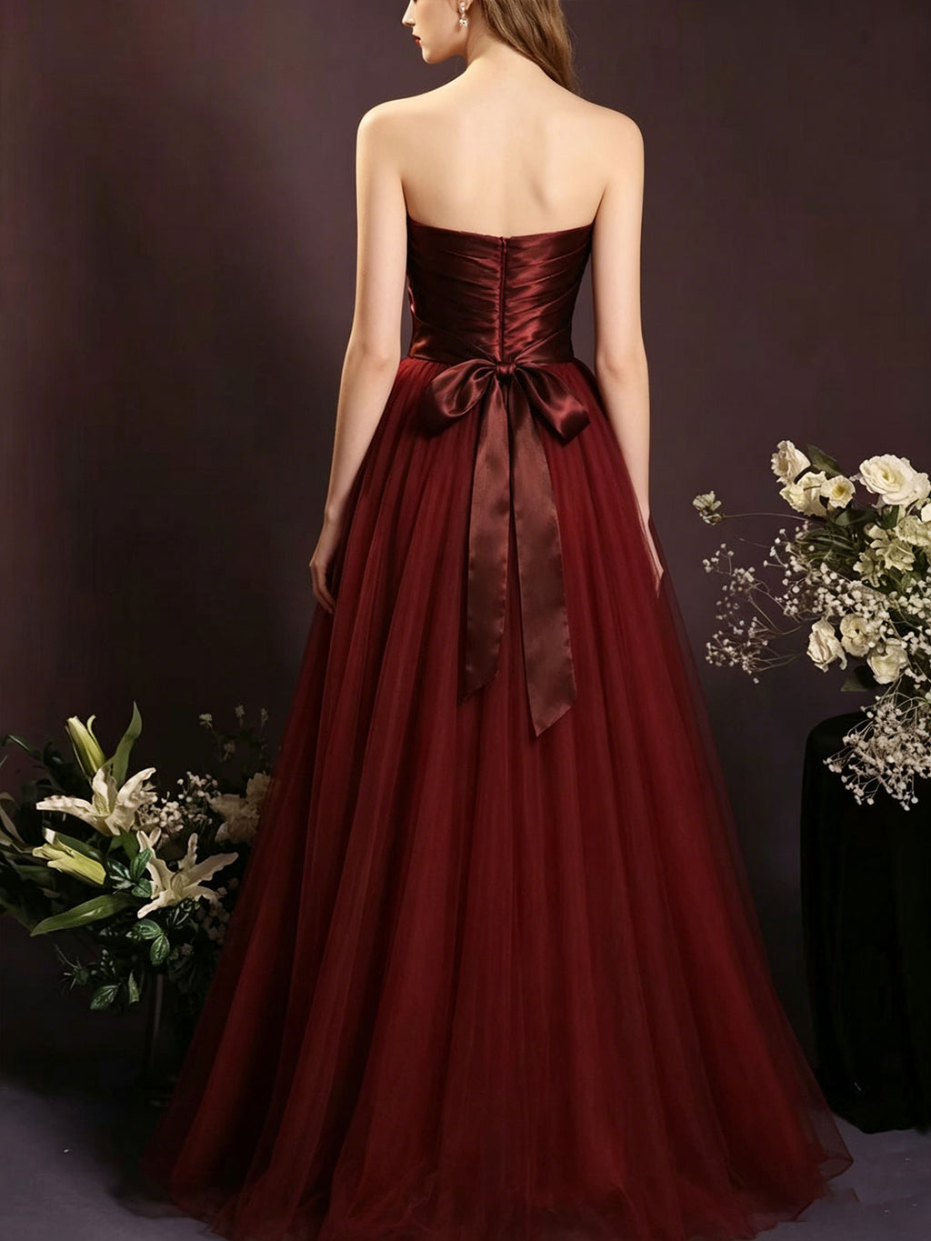 Strapless Burgundy Satin Bow Tulle A-Line Evening Ball Gown
