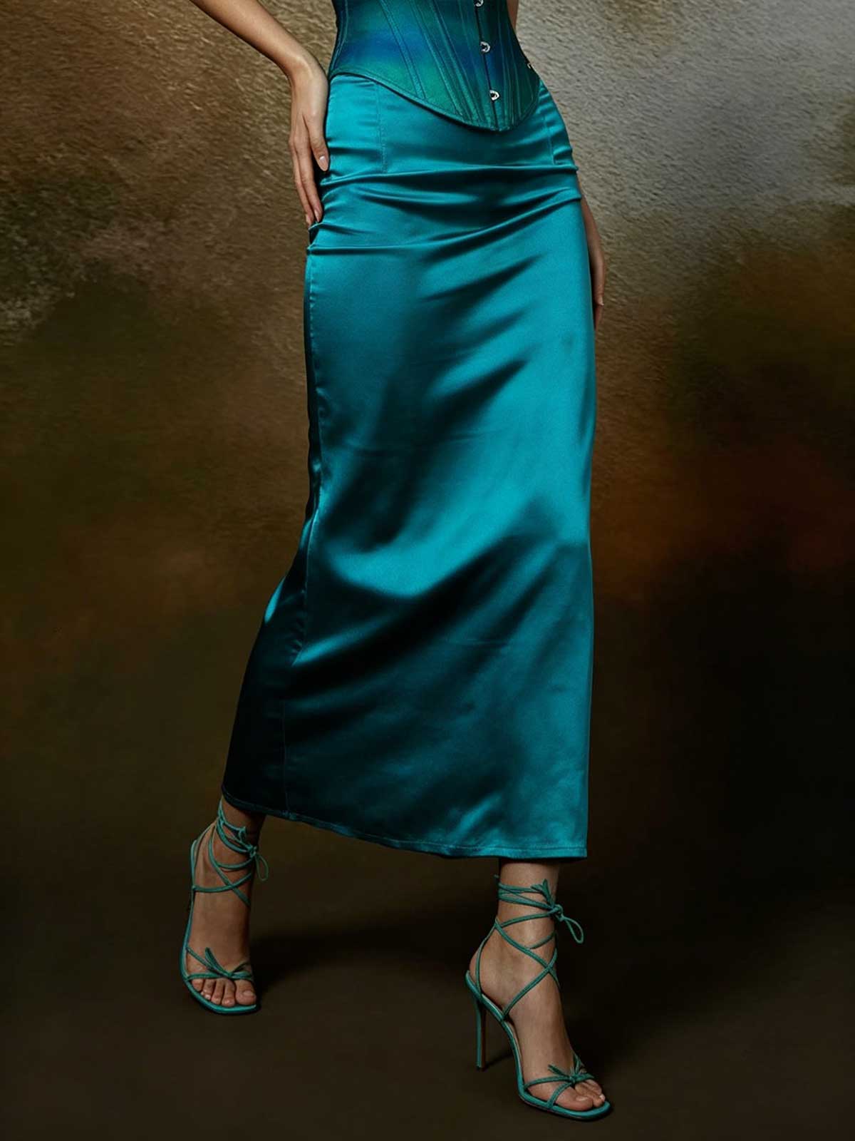 Teal Strapless Corset Satin Mermaid Evening Dress
