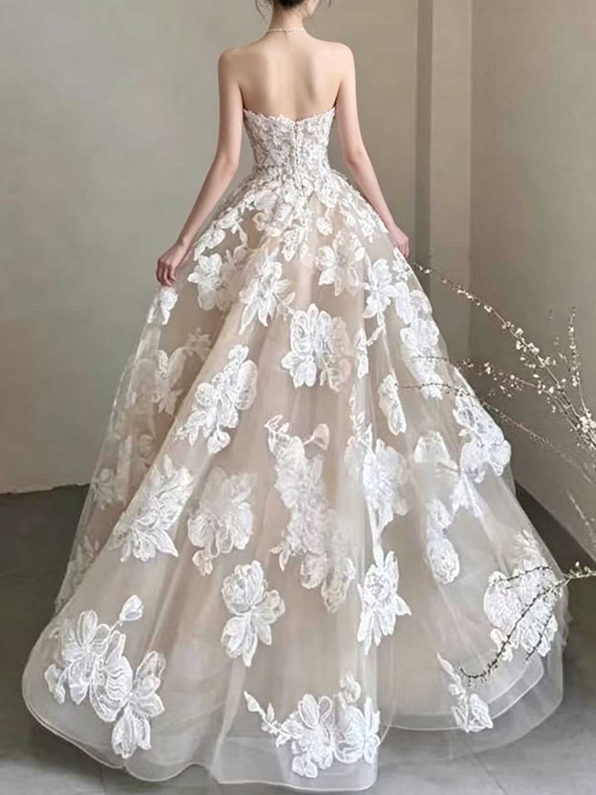 Nude Strapless Lace Ball Gown with 3D Floral Appliqués