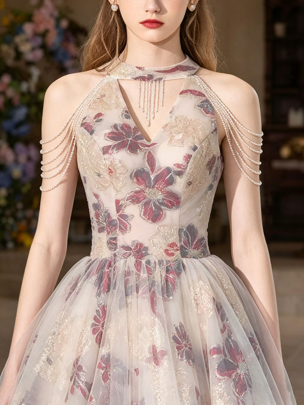 Halter Chain Fringe Floral Print Tulle A-Line Evening Ball Gown