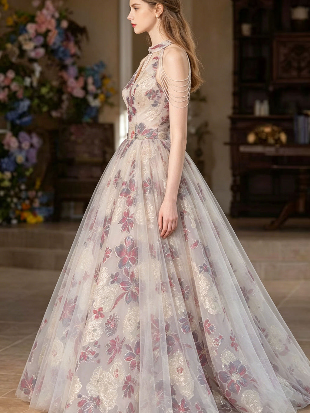 Halter Chain Fringe Floral Print Tulle A-Line Evening Ball Gown