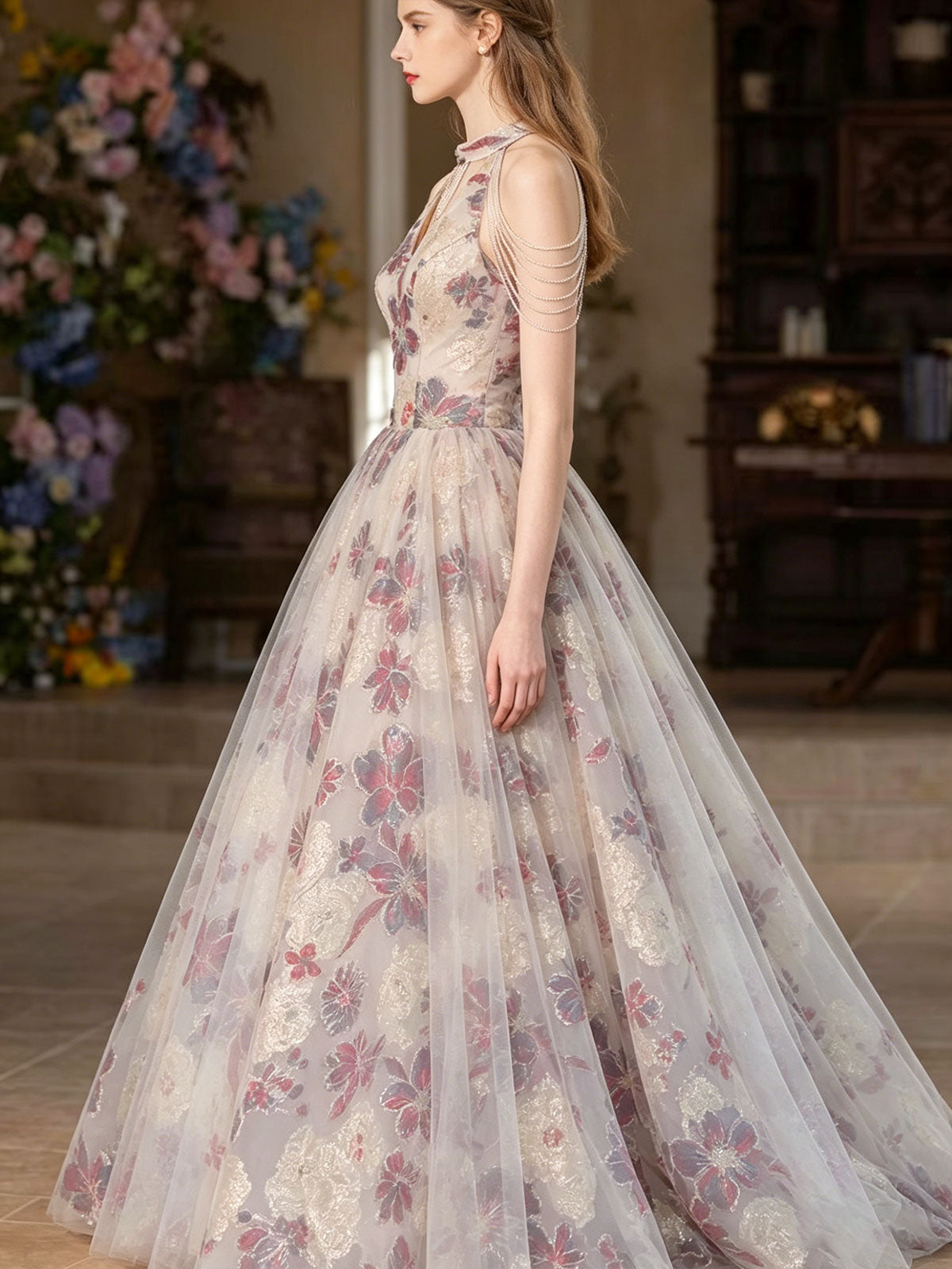 Halter Chain Fringe Floral Print Tulle A-Line Evening Ball Gown