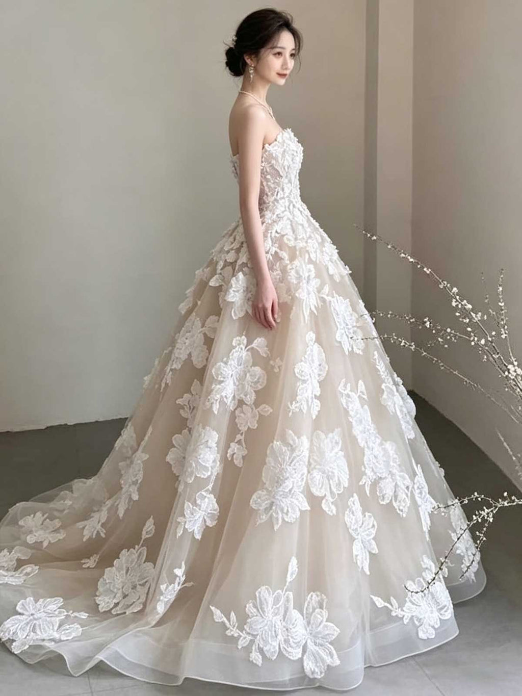 Nude Strapless Lace Ball Gown with 3D Floral Appliqués