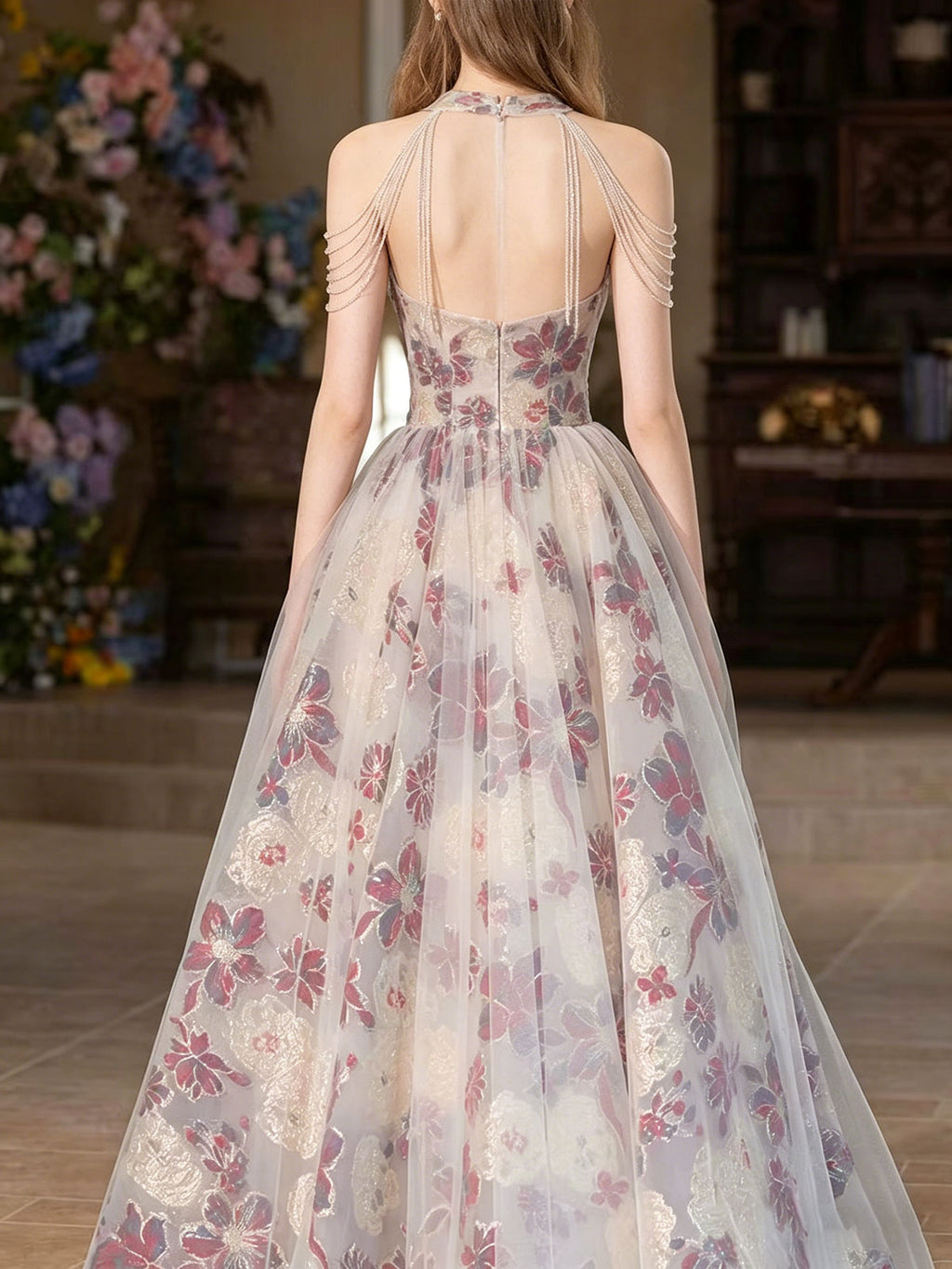 Halter Chain Fringe Floral Print Tulle A-Line Evening Ball Gown