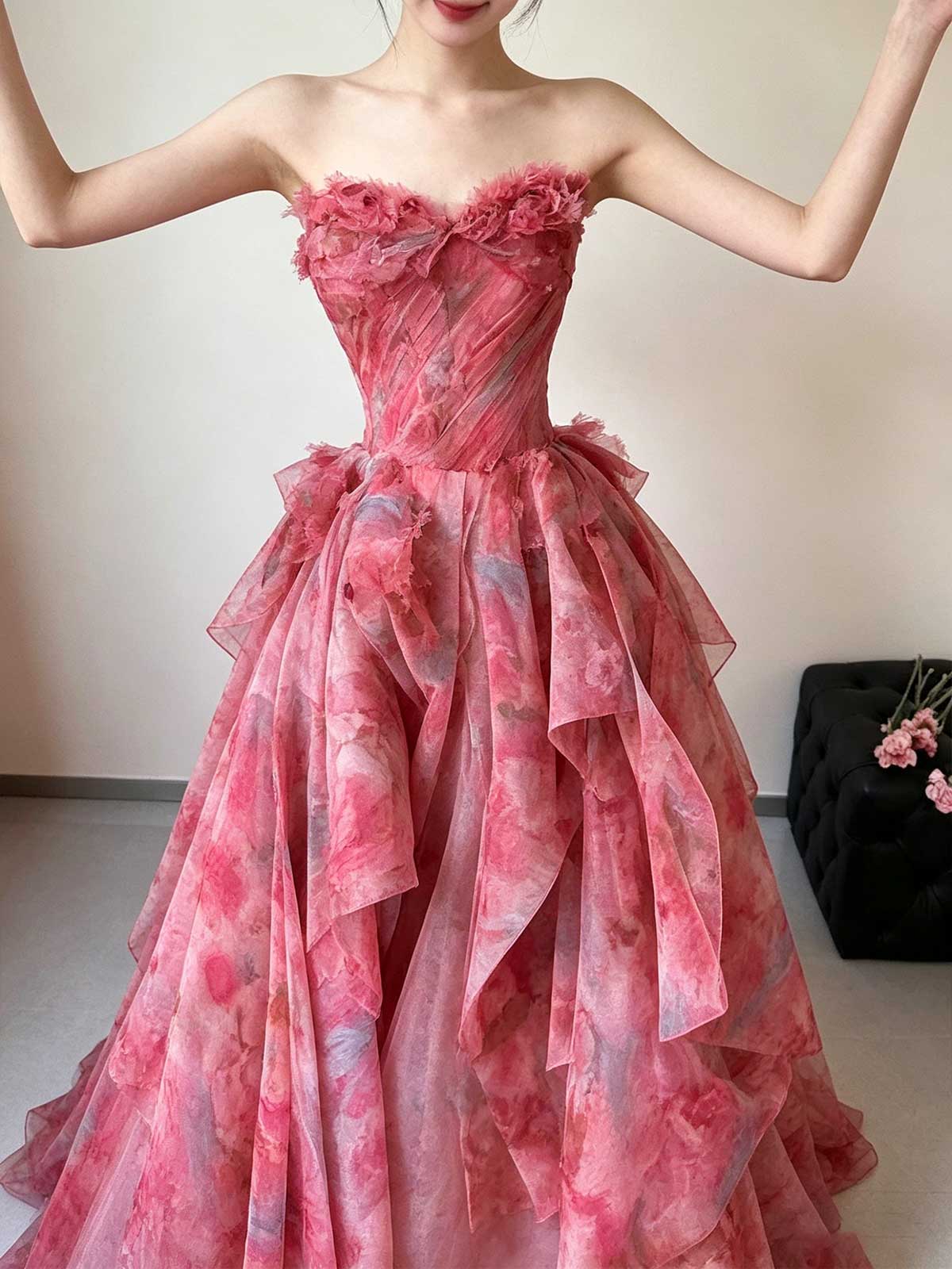 Pink Strapless Watercolor Print Tulle Ball Gown