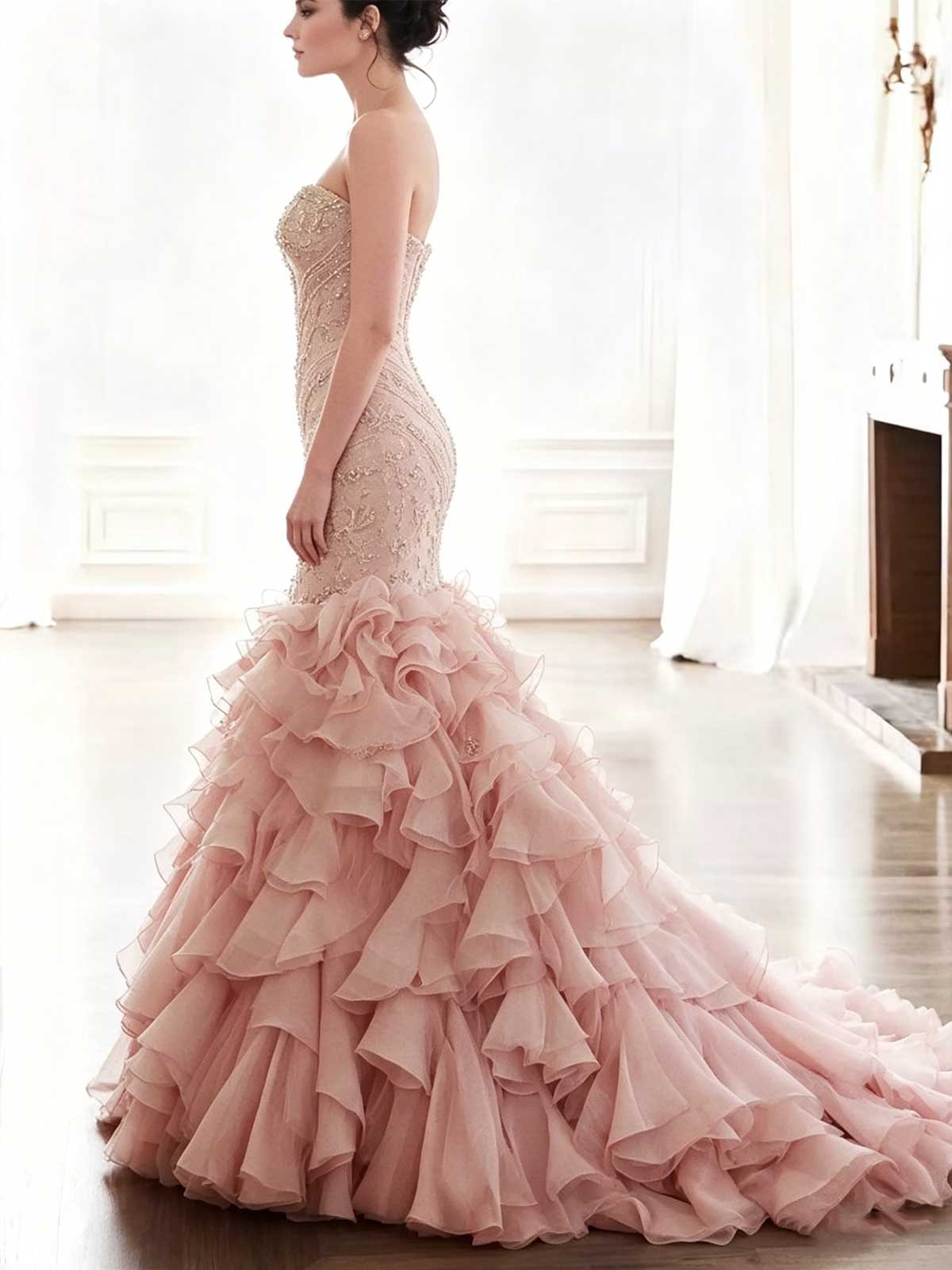 Blush Pink Strapless Beaded Mermaid Wedding Dress with Ruffled Tulle Skirt