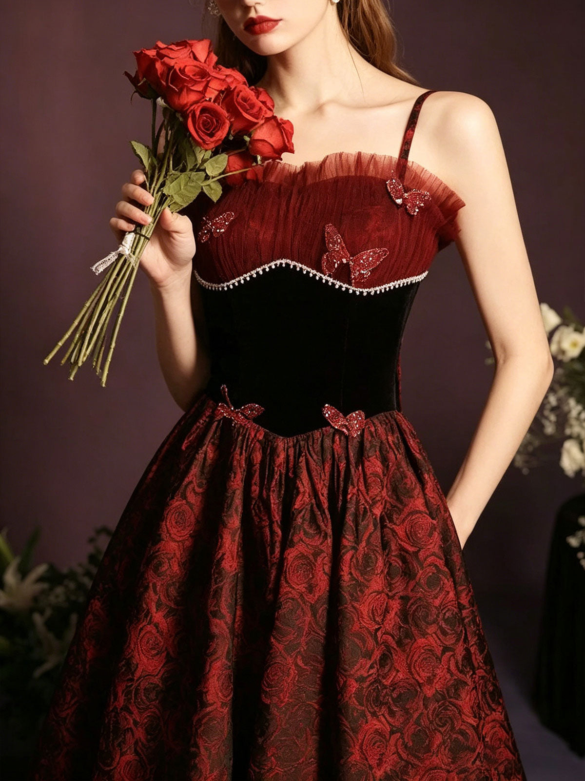 Spaghetti Strap Burgundy Velvet Butterfly Jacquard A-Line Evening Gown