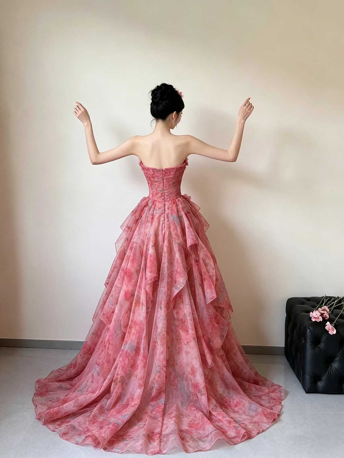 Pink Strapless Watercolor Print Tulle Ball Gown