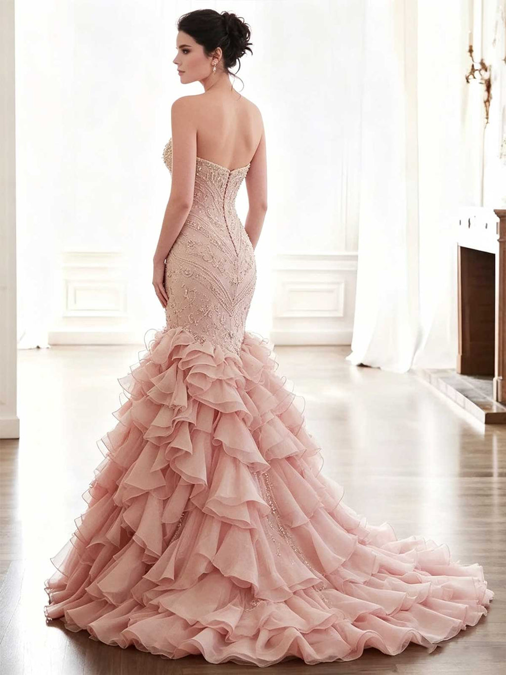 Blush Pink Strapless Beaded Mermaid Wedding Dress with Ruffled Tulle Skirt