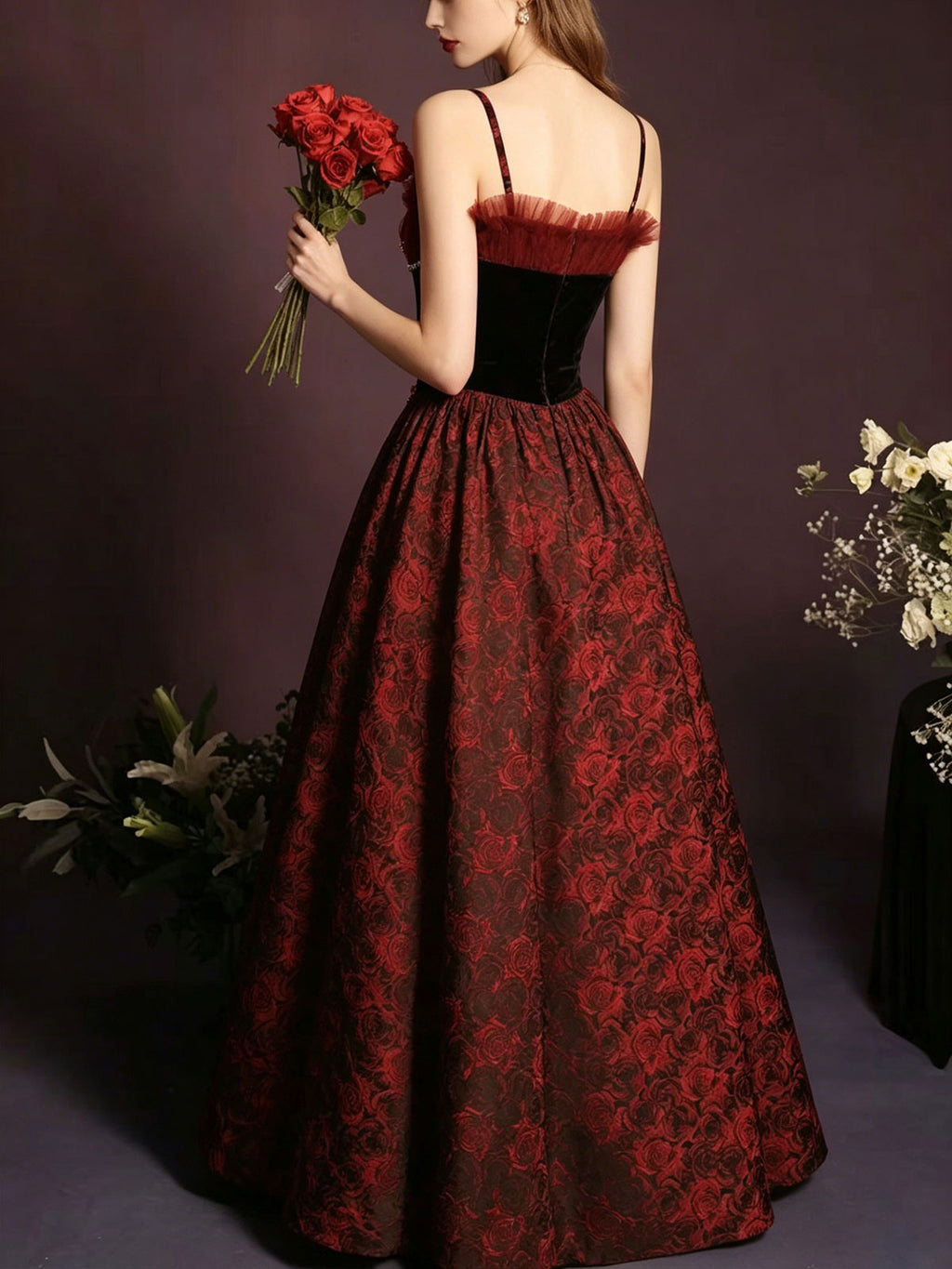 Spaghetti Strap Burgundy Velvet Butterfly Jacquard A-Line Evening Gown