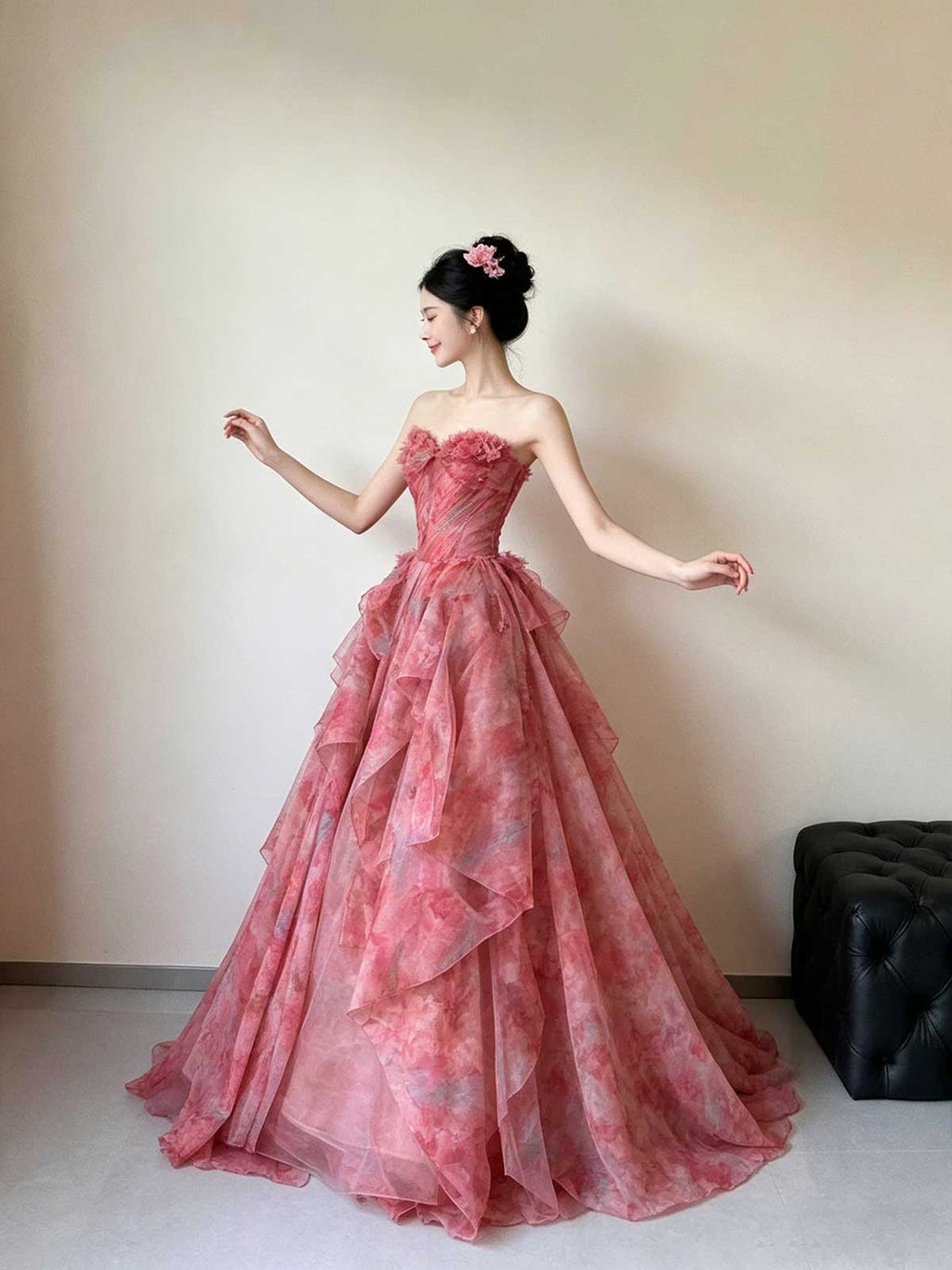Pink Strapless Watercolor Print Tulle Ball Gown