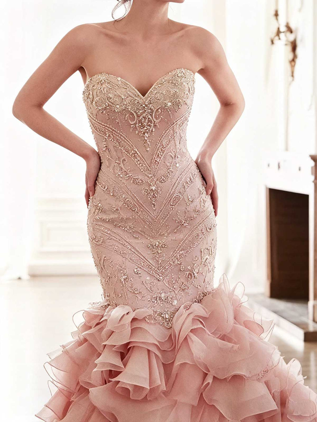 Blush Pink Strapless Beaded Mermaid Wedding Dress with Ruffled Tulle Skirt
