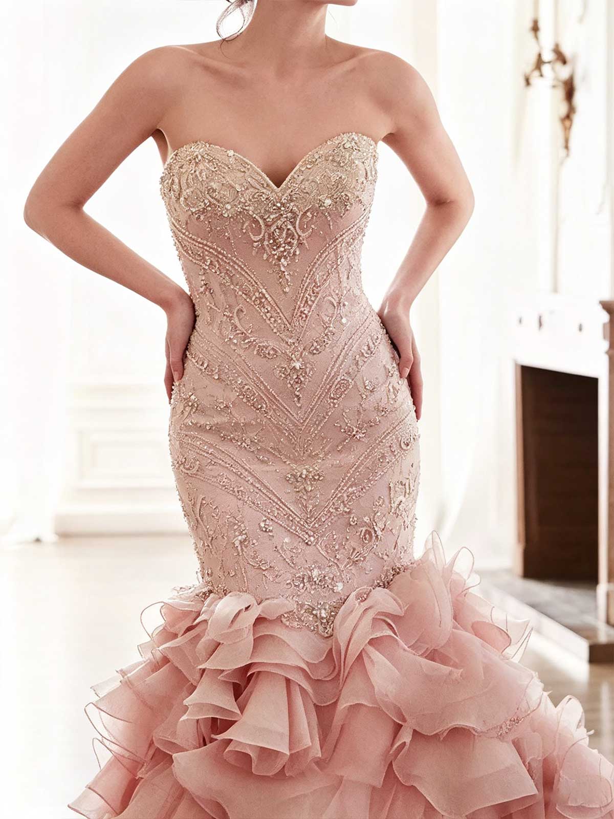 Blush Pink Strapless Beaded Mermaid Wedding Dress with Ruffled Tulle Skirt
